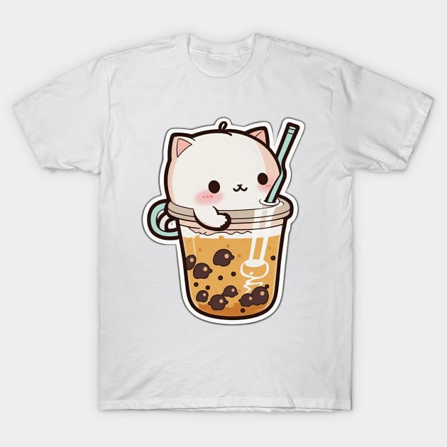 Cute Cat Drinking Bubble Tea Cartoon Boba Drawing T-Shirt by kiddo200